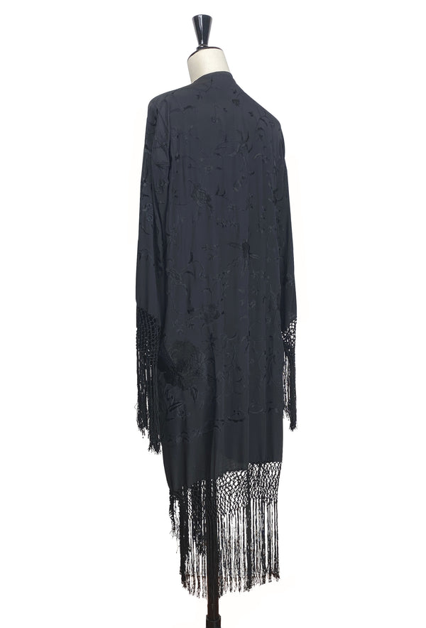 The 1920's Oriental Piano Silk Embroidered Flamenco Lounging Robe - Noir