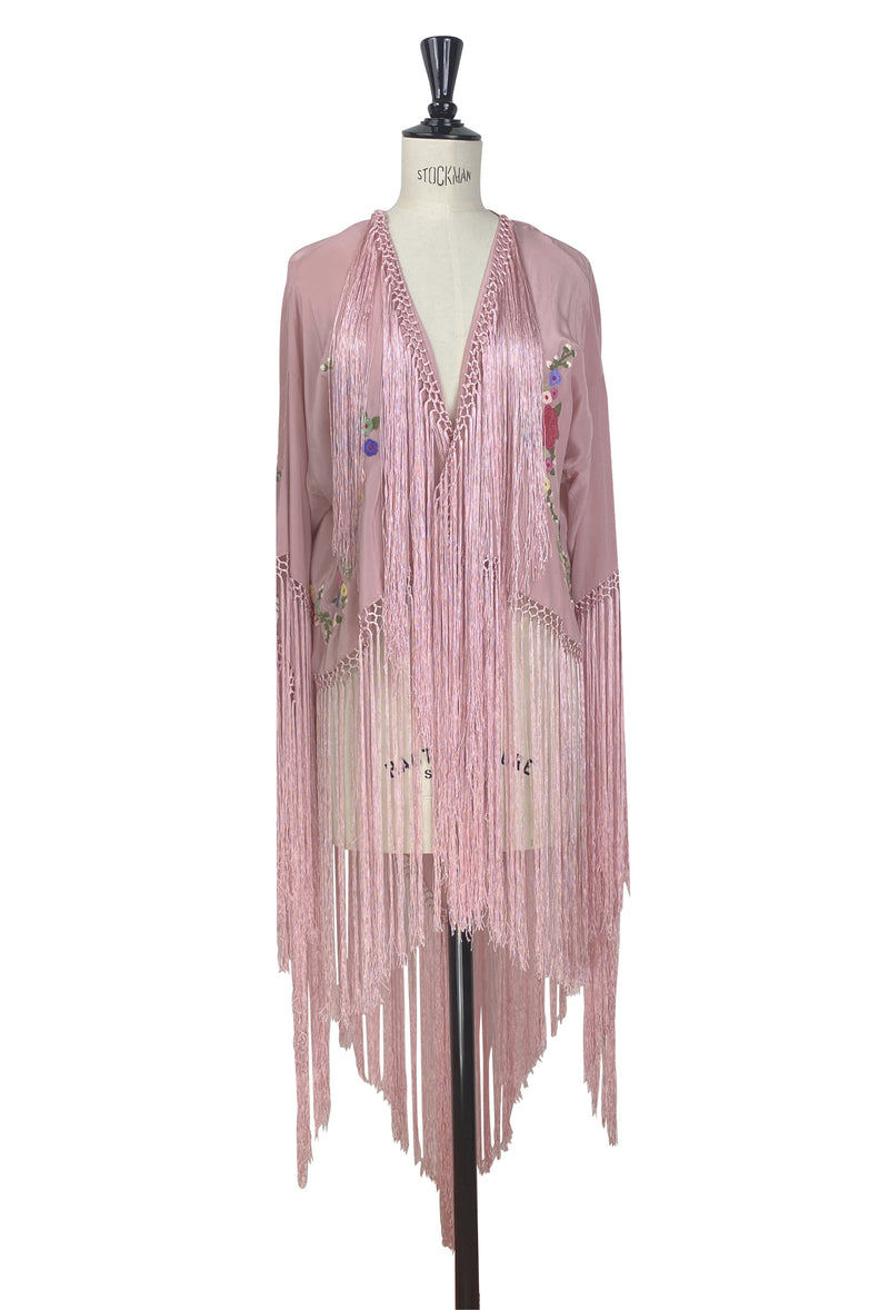 The 1920's Silk Embroidered Piano Shawl Tuxedo Jacket - Antique Rose