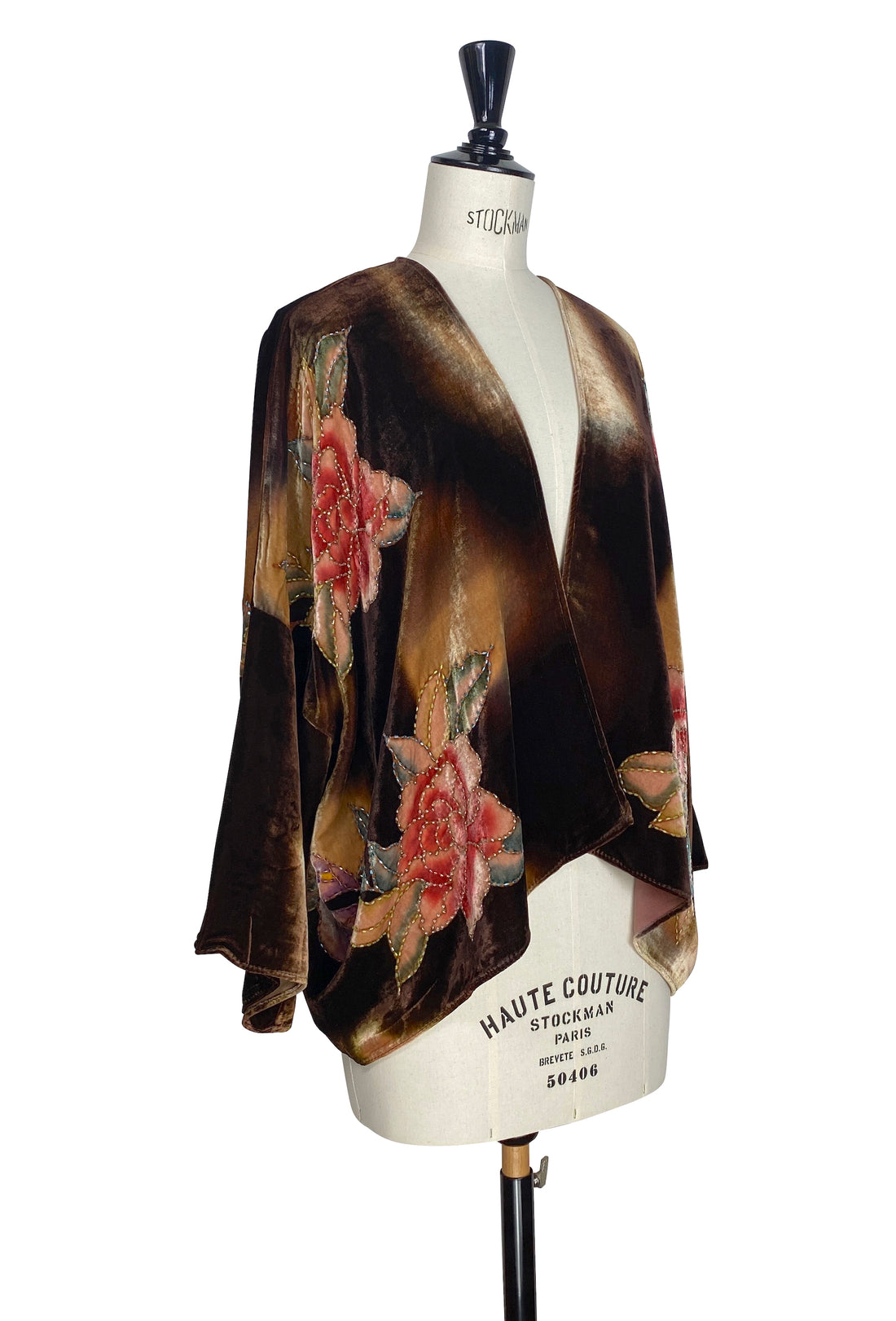Bronze evening jacket with embroidered floral front panels and open V neckline
