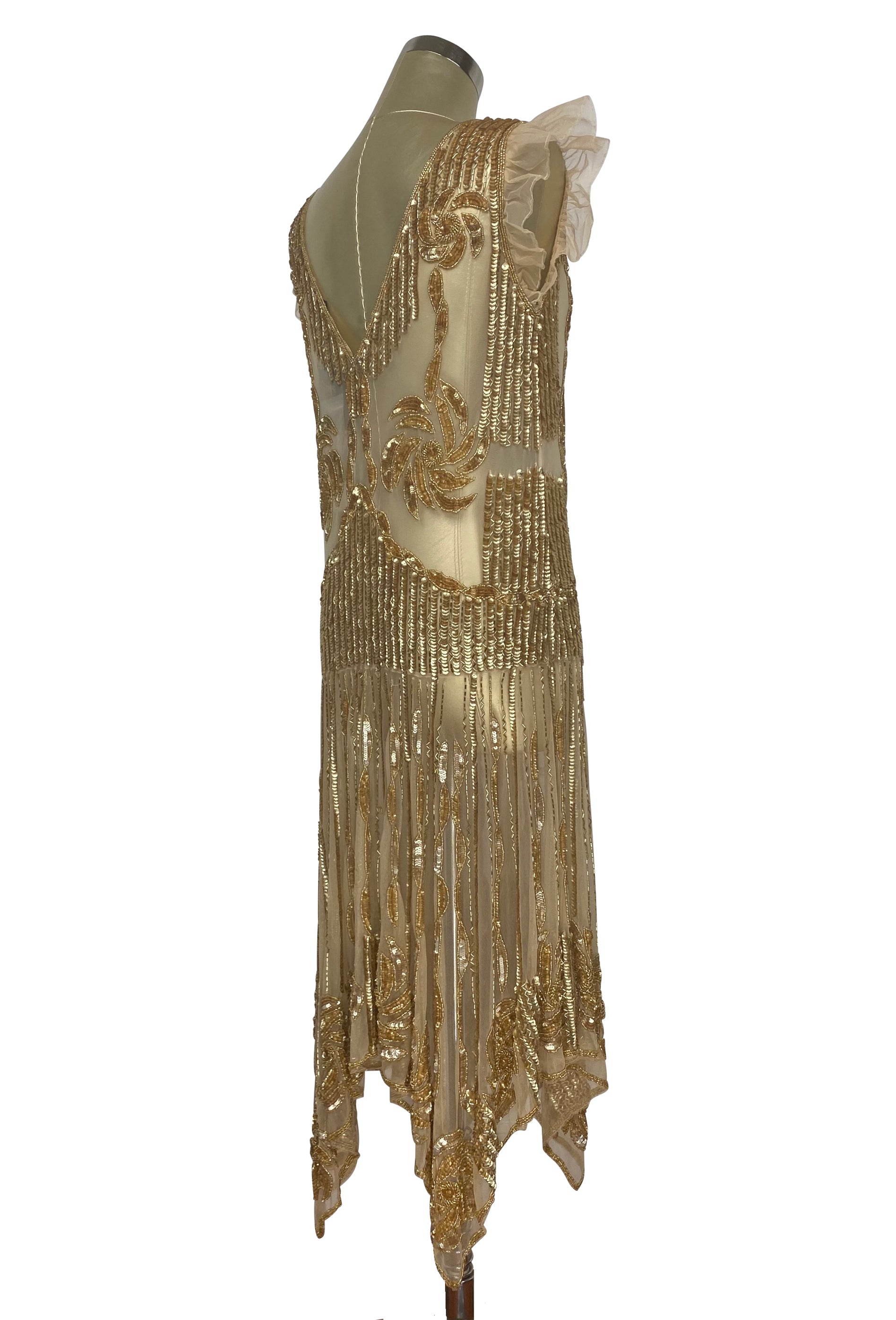 The 1920s Hollywood Regency Handkerchief Vintage Gown - Gold The Deco Haus