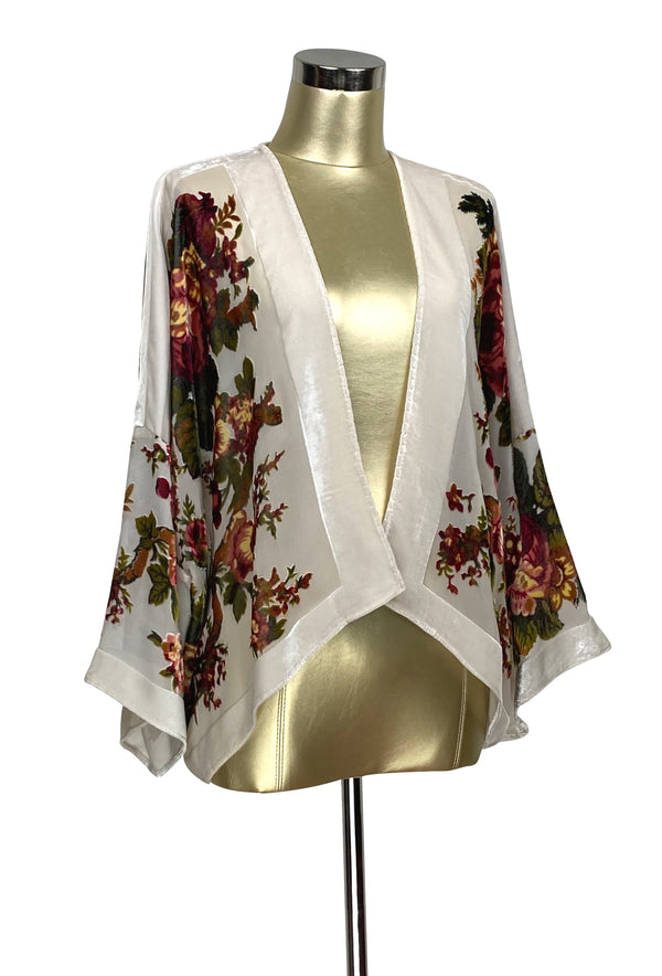 The 1920s Victorian Rose Silk Velvet Bolero Jacket - White