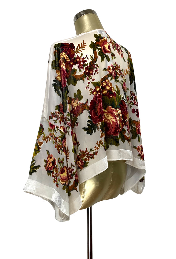 The 1920s Victorian Rose Silk Velvet Bolero Jacket - White