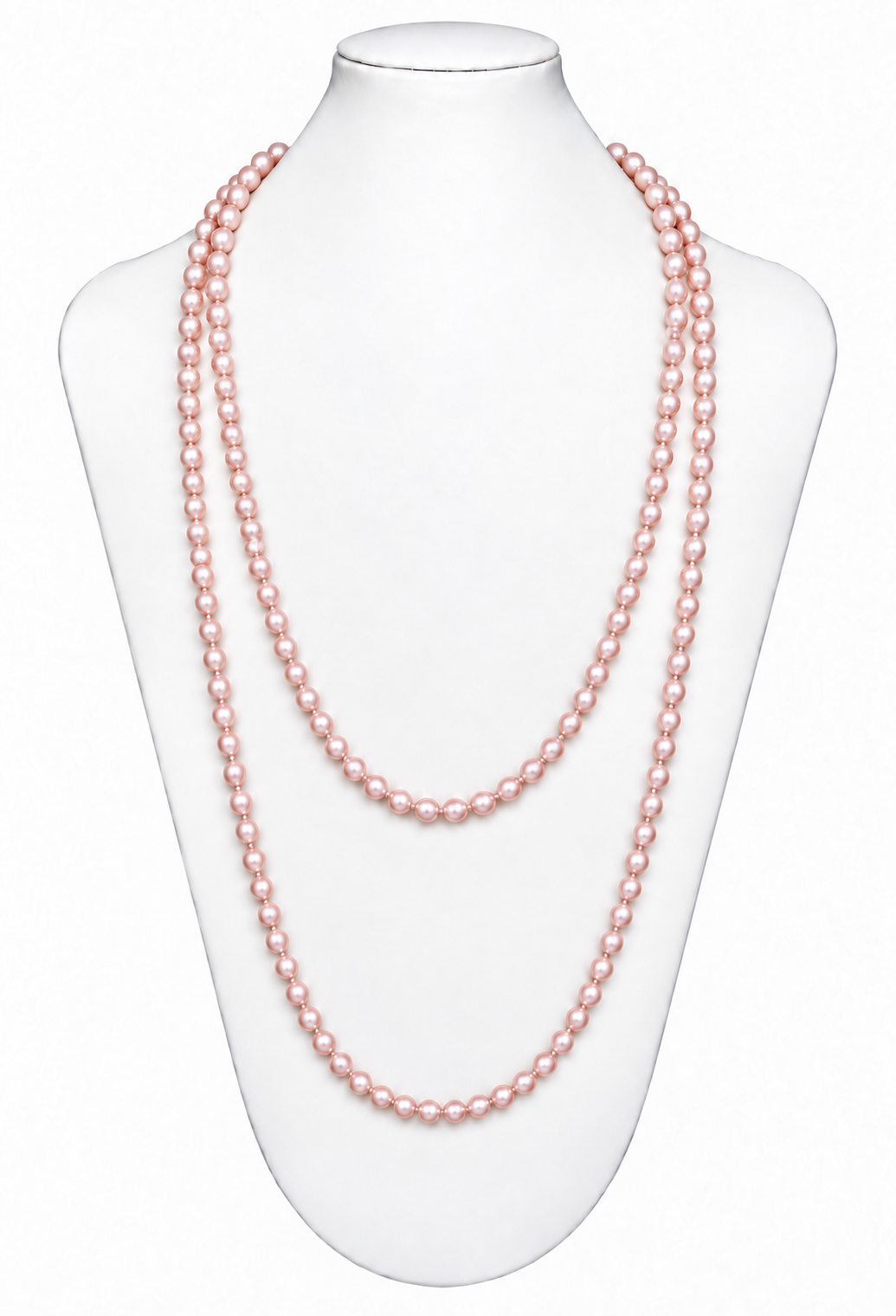 Glass pearl sautoir necklace with blush pink bead strands, double-row design on mannequin