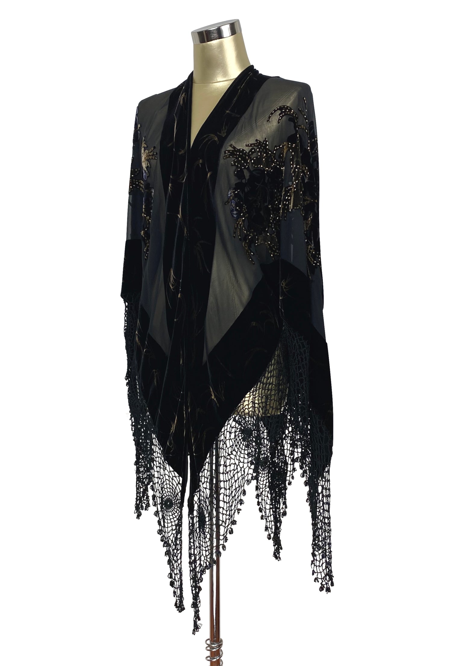 The Art Nouveau Handkerchief Silk Velvet Crochet Evening Wrap - Black