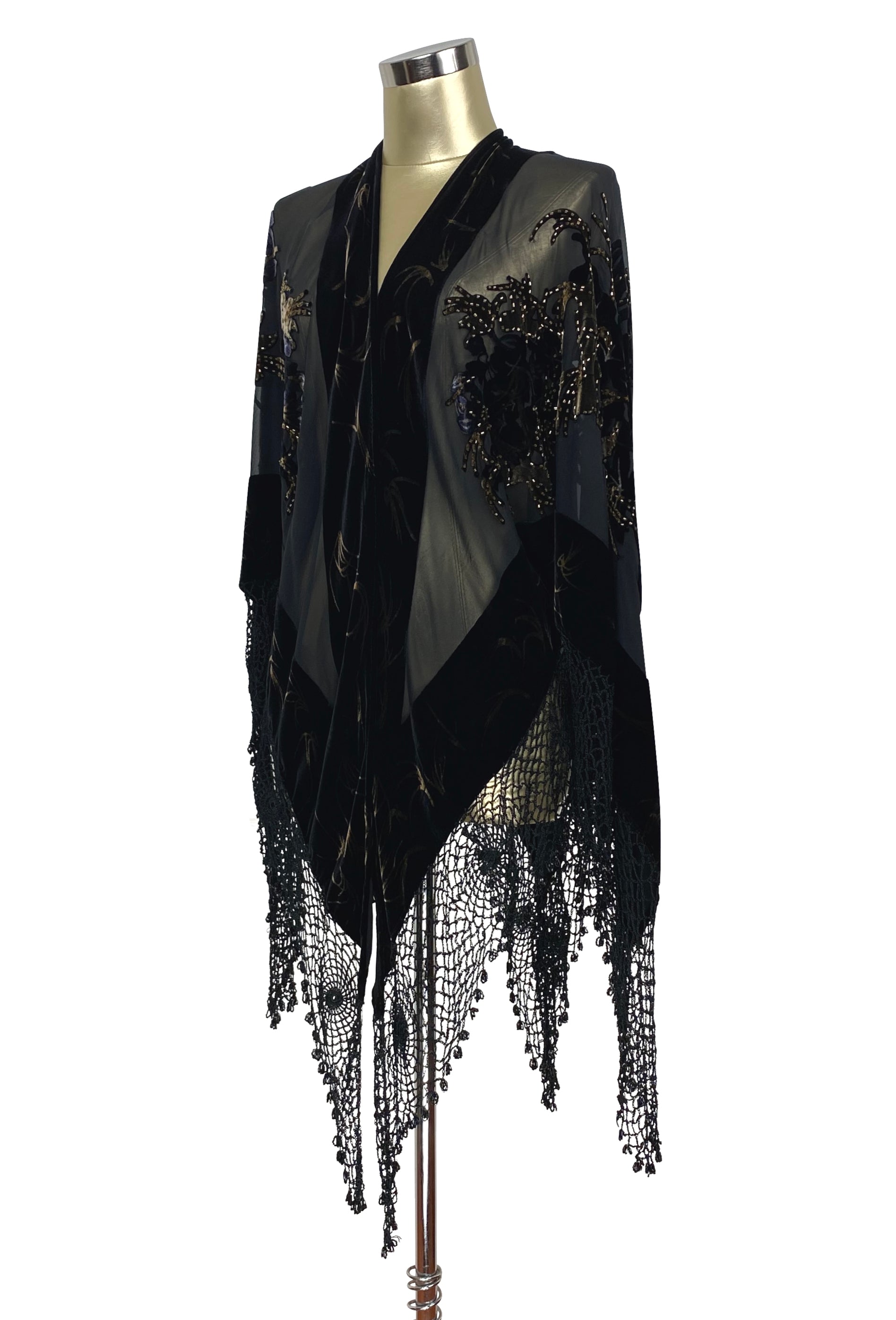 The Art Nouveau Handkerchief Silk Velvet Crochet Evening Wrap - Black