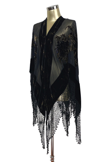 The Art Nouveau Handkerchief Silk Velvet Crochet Evening Wrap - Black