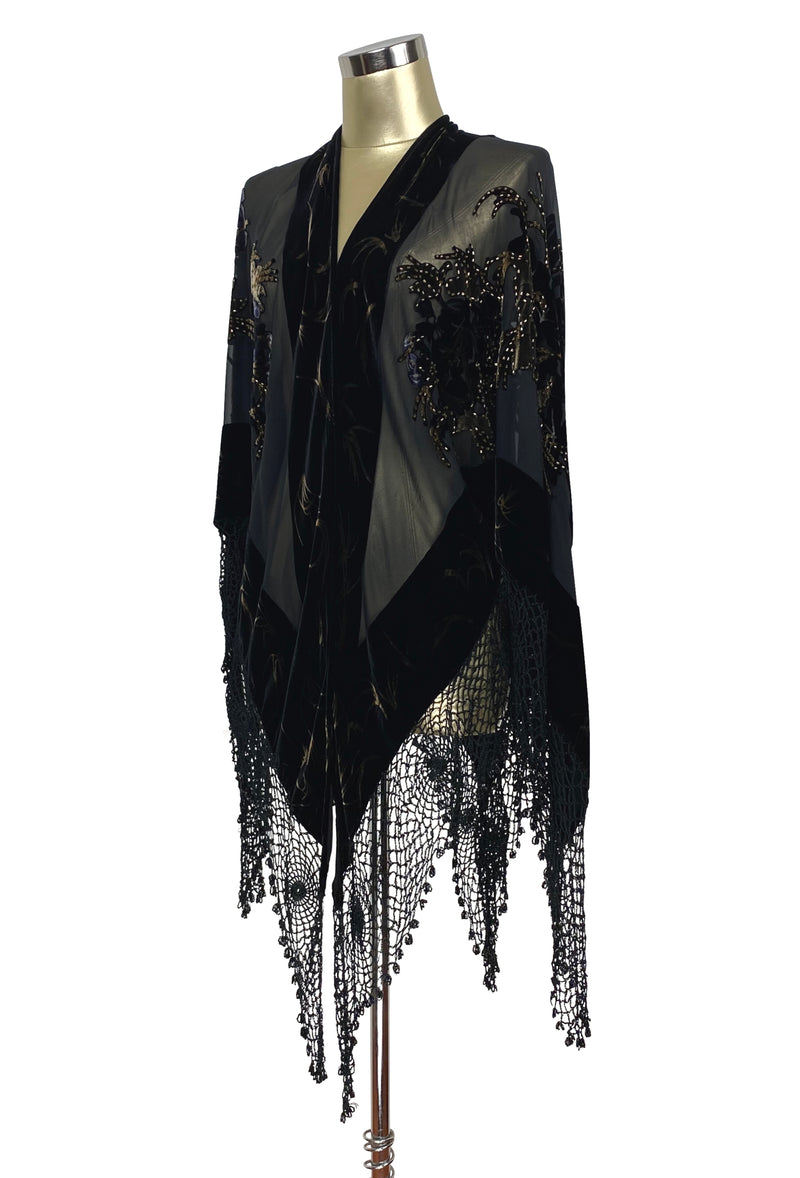 The Art Deco Handkerchief Silk Velvet Crochet Evening Wrap - Black