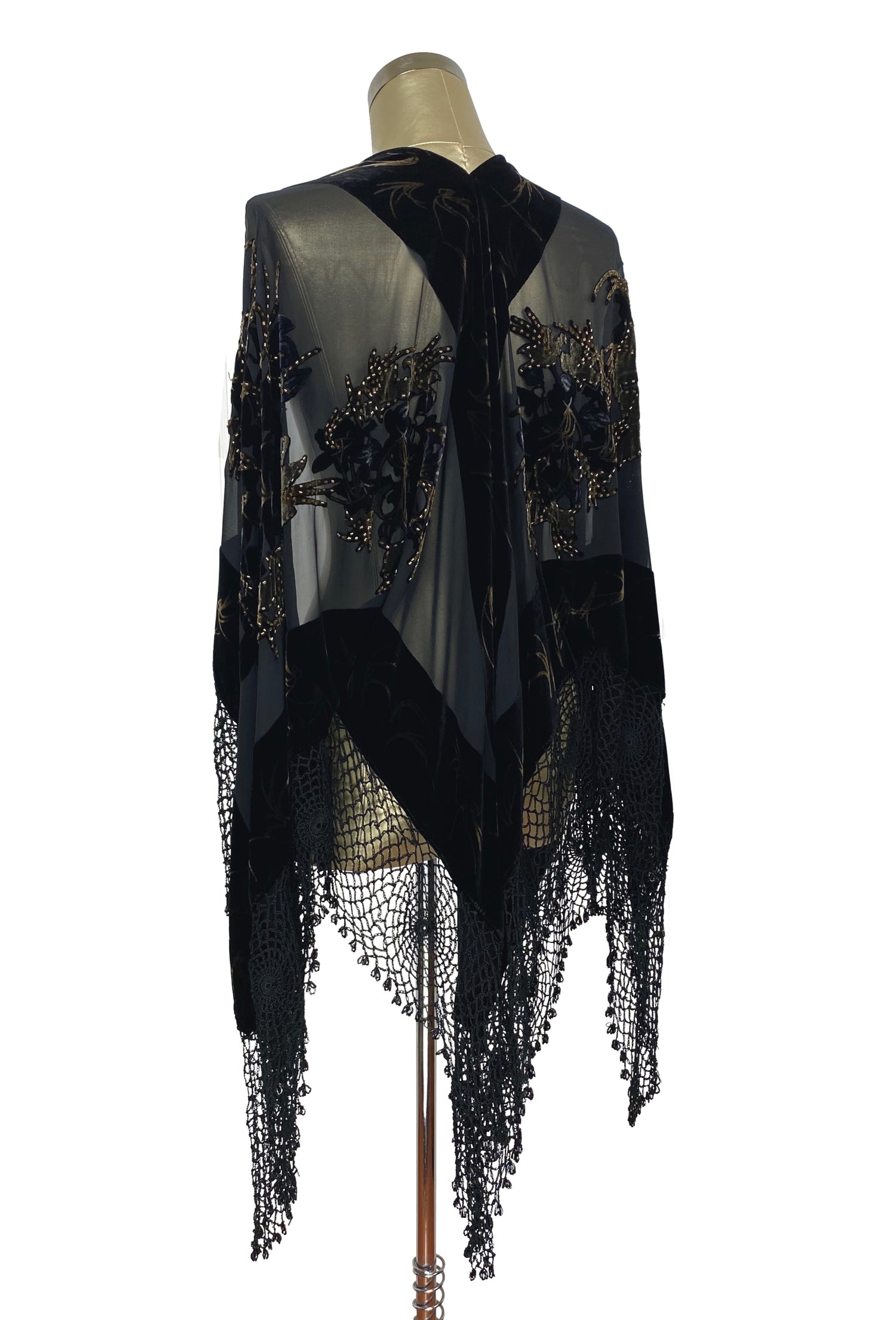 The Art Nouveau Handkerchief Silk Velvet Crochet Evening Wrap - Black