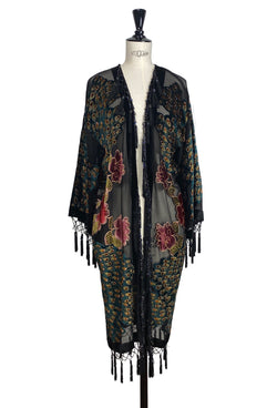 The Art Deco Peacock Burnout Velvet Beaded Evening Kimono Jacket - Noir