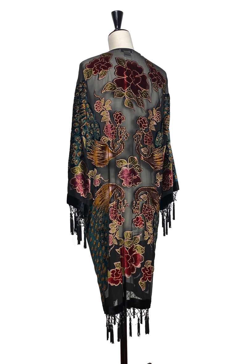 The Art Deco Peacock Burnout Velvet Beaded Evening Kimono Jacket - Noir