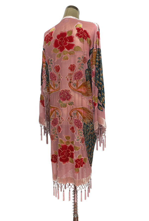 The Art Deco Peacock Burnout Velvet Beaded Evening Kimono Jacket - Rose Pink
