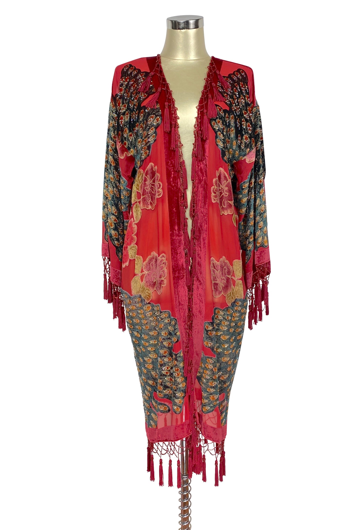 The Art Deco Peacock Burnout Velvet Beaded Evening Kimono Jacket - Scarlet Red