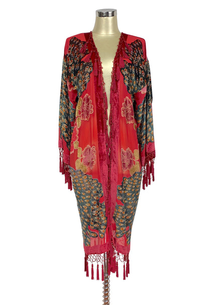 The Art Deco Peacock Burnout Velvet Beaded Evening Kimono Jacket - Scarlet Red