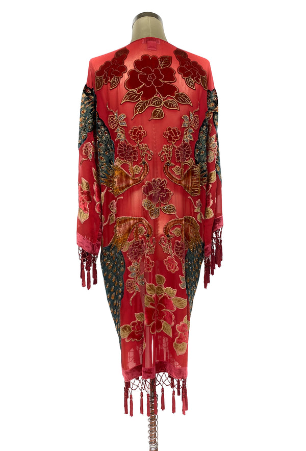 The Art Deco Peacock Burnout Velvet Beaded Evening Kimono Jacket - Scarlet Red