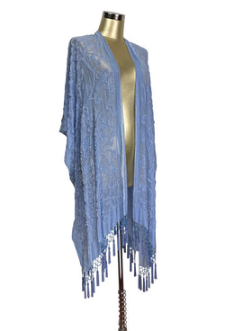 The Art Nouveau Floral Silk Velvet Burnout Beaded Evening Wrap - Delphinium Blue