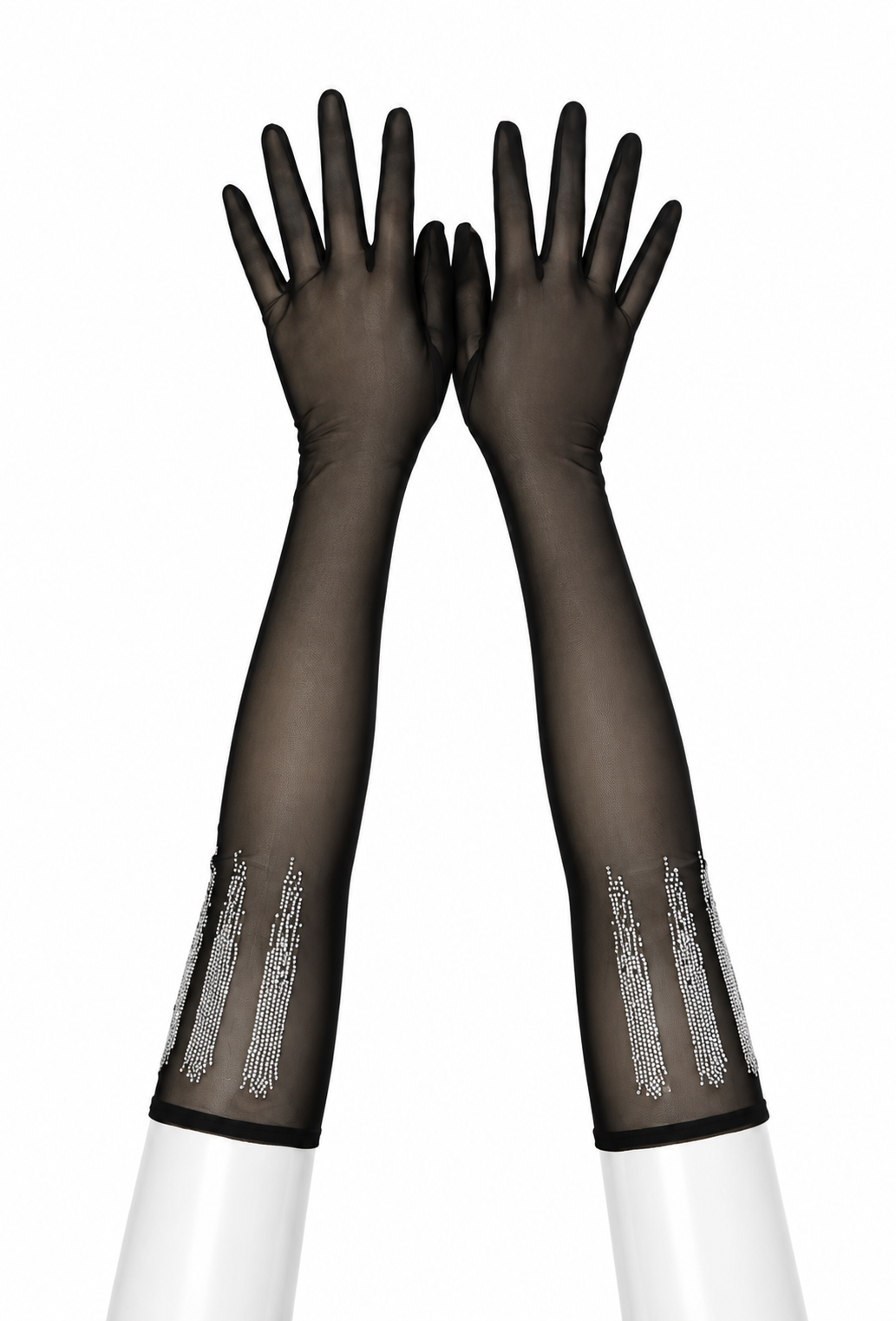 Jet-black rhinestone opera gloves with embellished cuffs