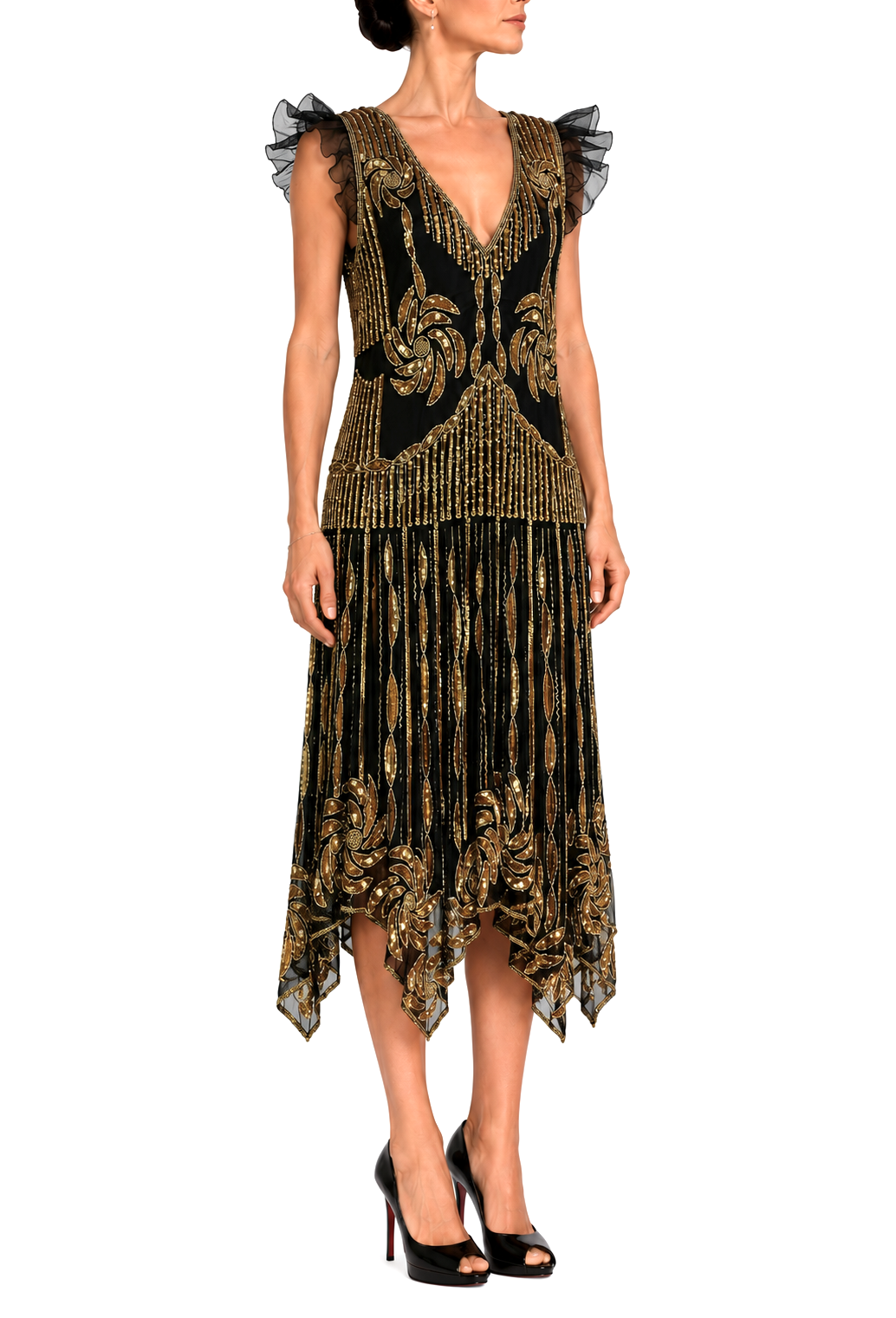 Black and gold beaded fringe V-neck midi dress with shoulder ruffles and asym hem