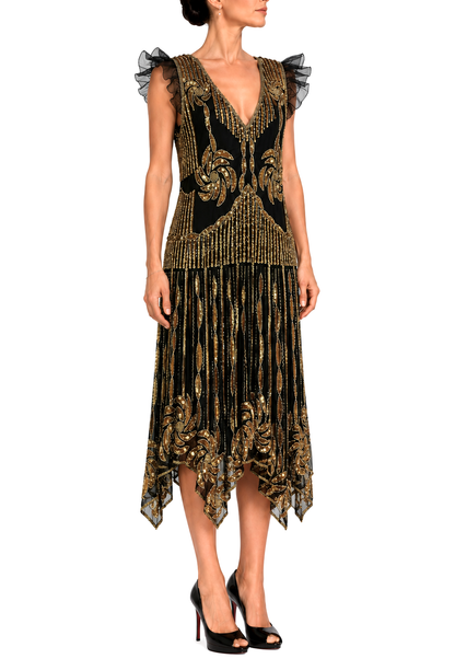 Black and gold beaded fringe V-neck midi dress with shoulder ruffles and asym hem