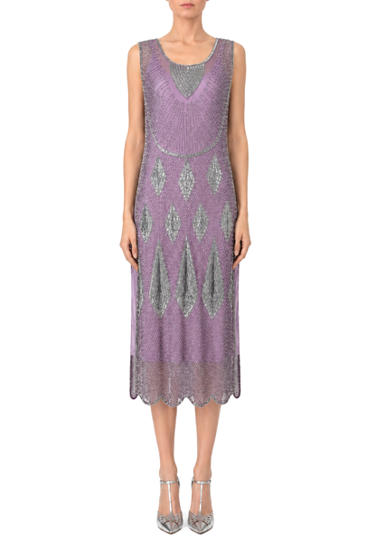 Plum and silver sleeveless V-neck sequin overlay dress, midi length on model