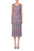 Plum and silver sleeveless V-neck sequin overlay dress, midi length on model