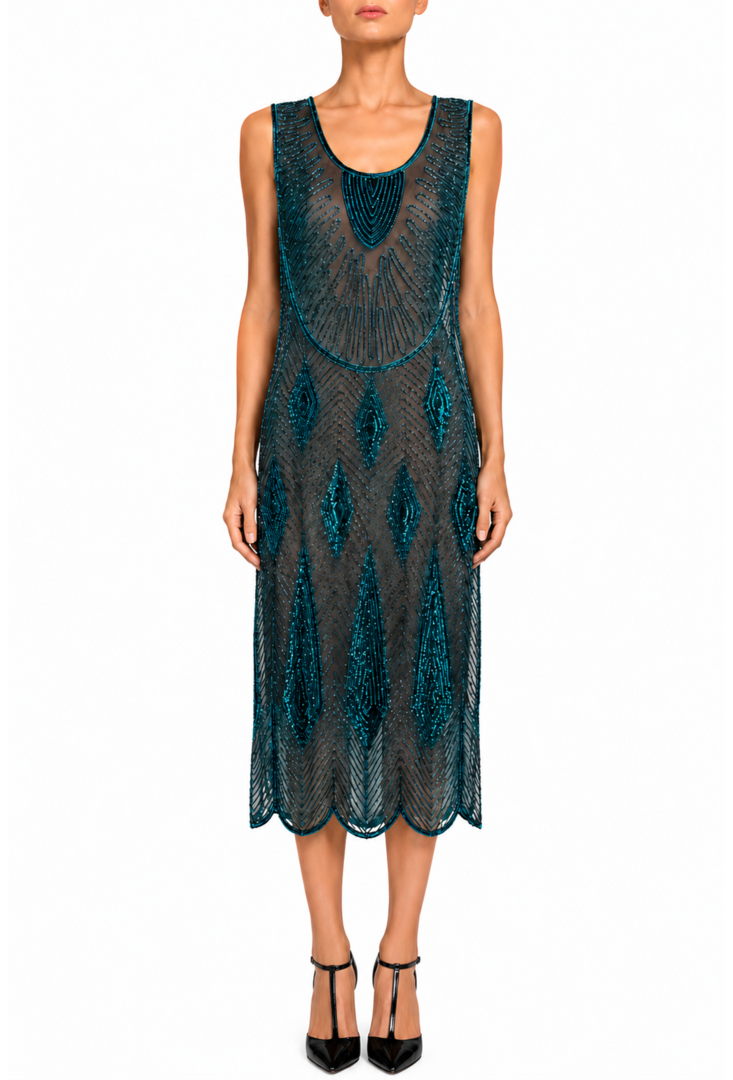 Teal beaded sleeveless midi dress with scalloped yoke and decorative chevron hem