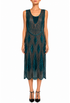 Teal beaded sleeveless midi dress with scalloped yoke and decorative chevron hem