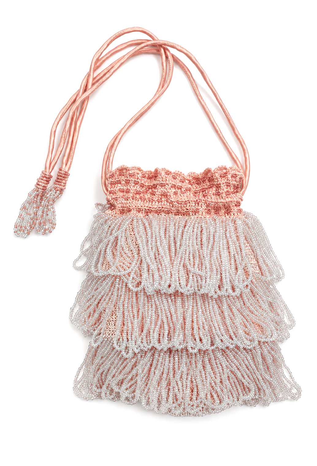 Beaded tiered mini pochette bag with braided drawstring cords in pink and silver