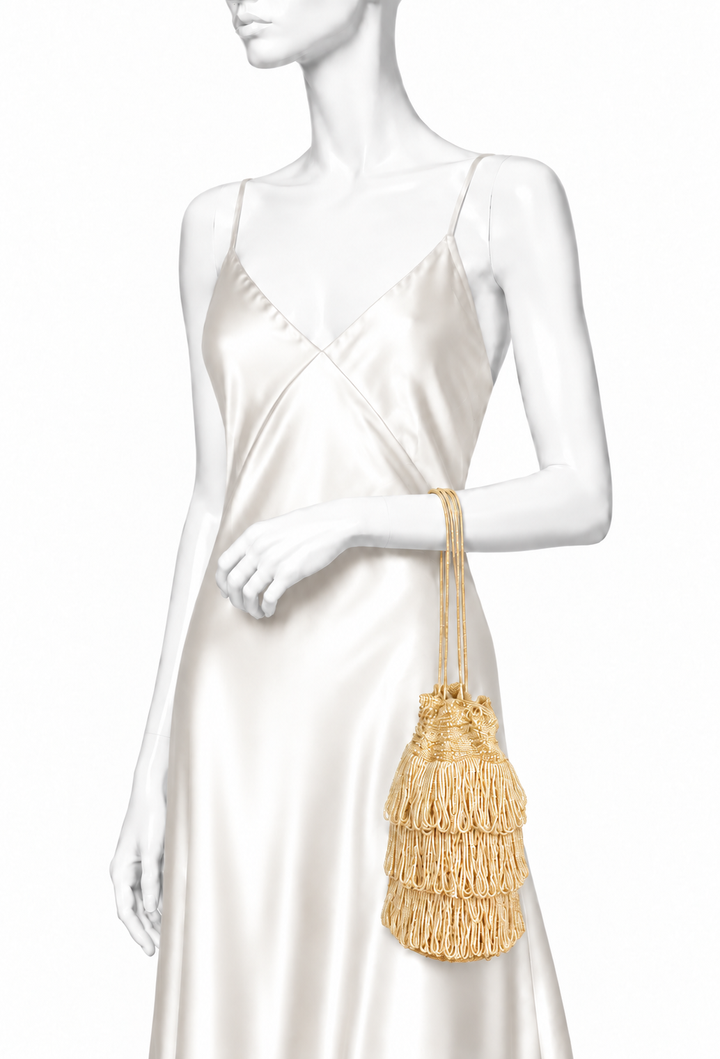 Small golden tassel pochette with fringe tiers and braided wrist strap