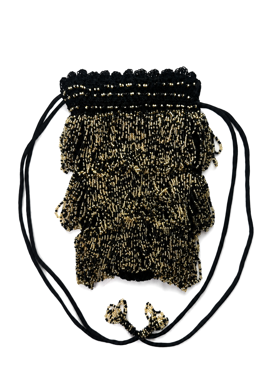 Gold and black beaded drawstring pochette bag with clustered tassel trim