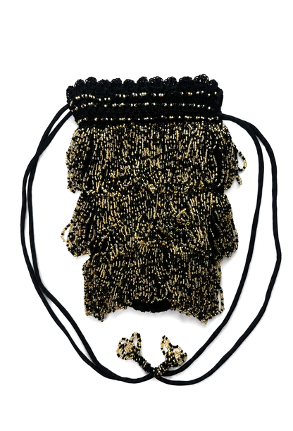Gold and black beaded drawstring pochette bag with clustered tassel trim