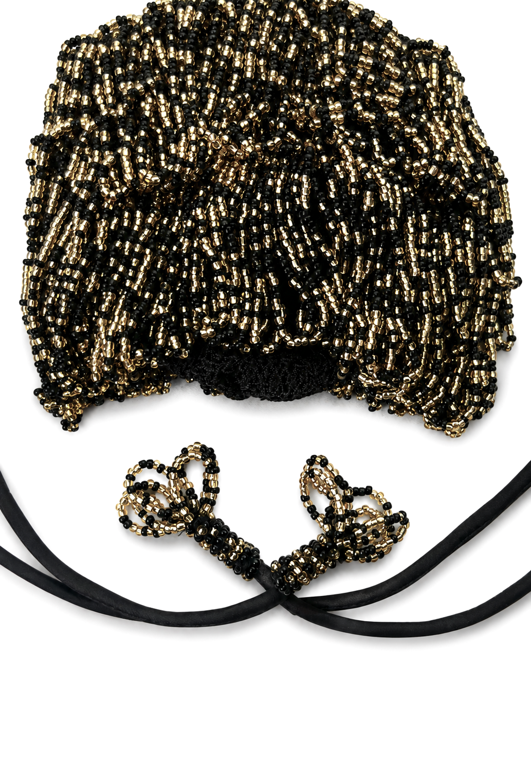 Gold and black beaded drawstring pochette bag with twin cord knots