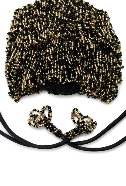 Gold and black beaded drawstring pochette bag with twin cord knots
