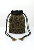 Gold and black beaded drawstring pochette bag with tassel cord ends