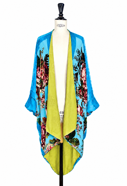 Silk velvet cocoon jacket, turquoise floral with lime interior and open front