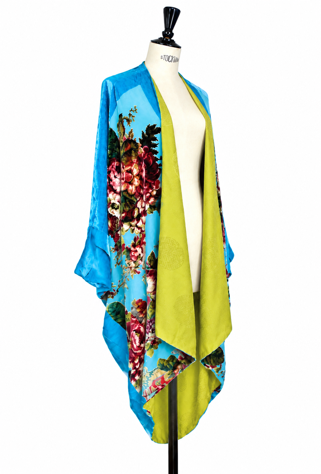 Silk velvet cocoon jacket with turquoise floral print and lime interior lining panel
