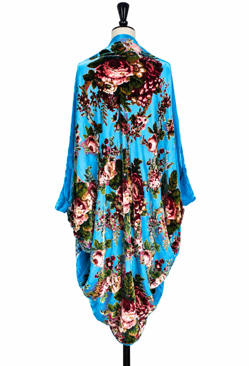 Silk velvet cocoon jacket, turquoise floral print with draped back and open hem