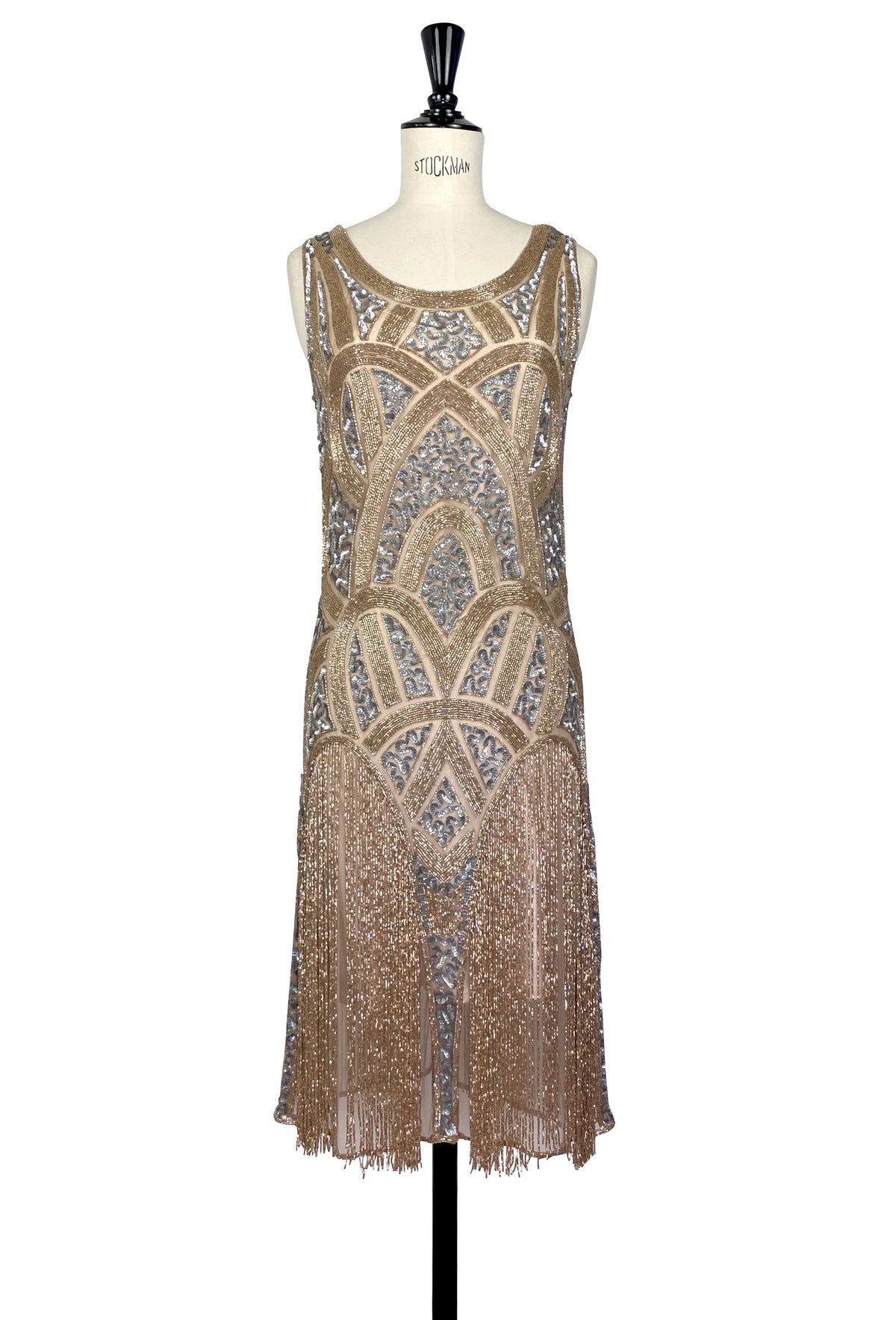 Vermeil beaded sleeveless evening gown with blue sequined motifs and fringe hem