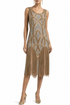 Sleeveless gold beaded midi gown with fringe hem; model wearing with heels
