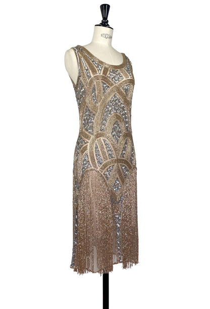 Beaded sleeveless gown with blue sequin patterns and straight fringe skirt