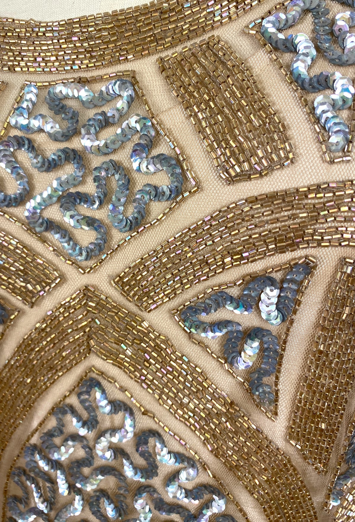 Bead and sequin embroidery panel with gold mesh, blue accents, and ornate motifs