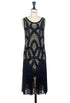 Black and gold sequin sleeveless dress with ornate pattern and fringe hem