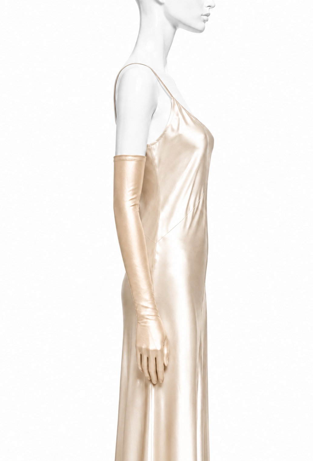 Champagne satin opera glove, long fitted style covering wrist and hand