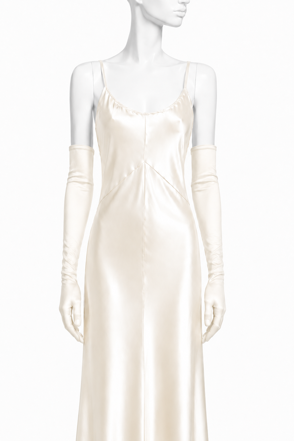 Cream satin opera gloves, long fitted sleeves with ruched cuffs
