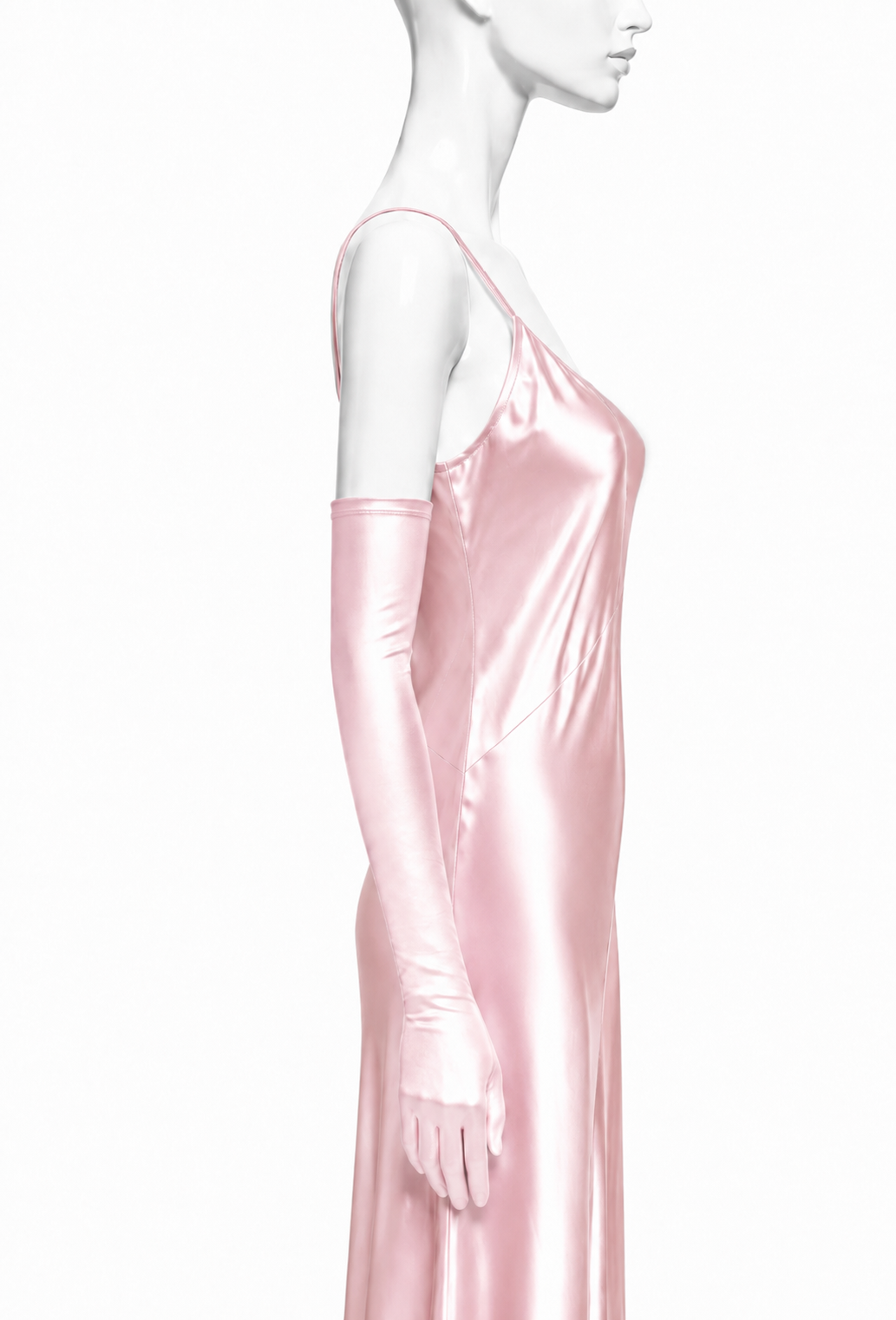 Blush satin opera glove with long cuff, smooth glossy finish