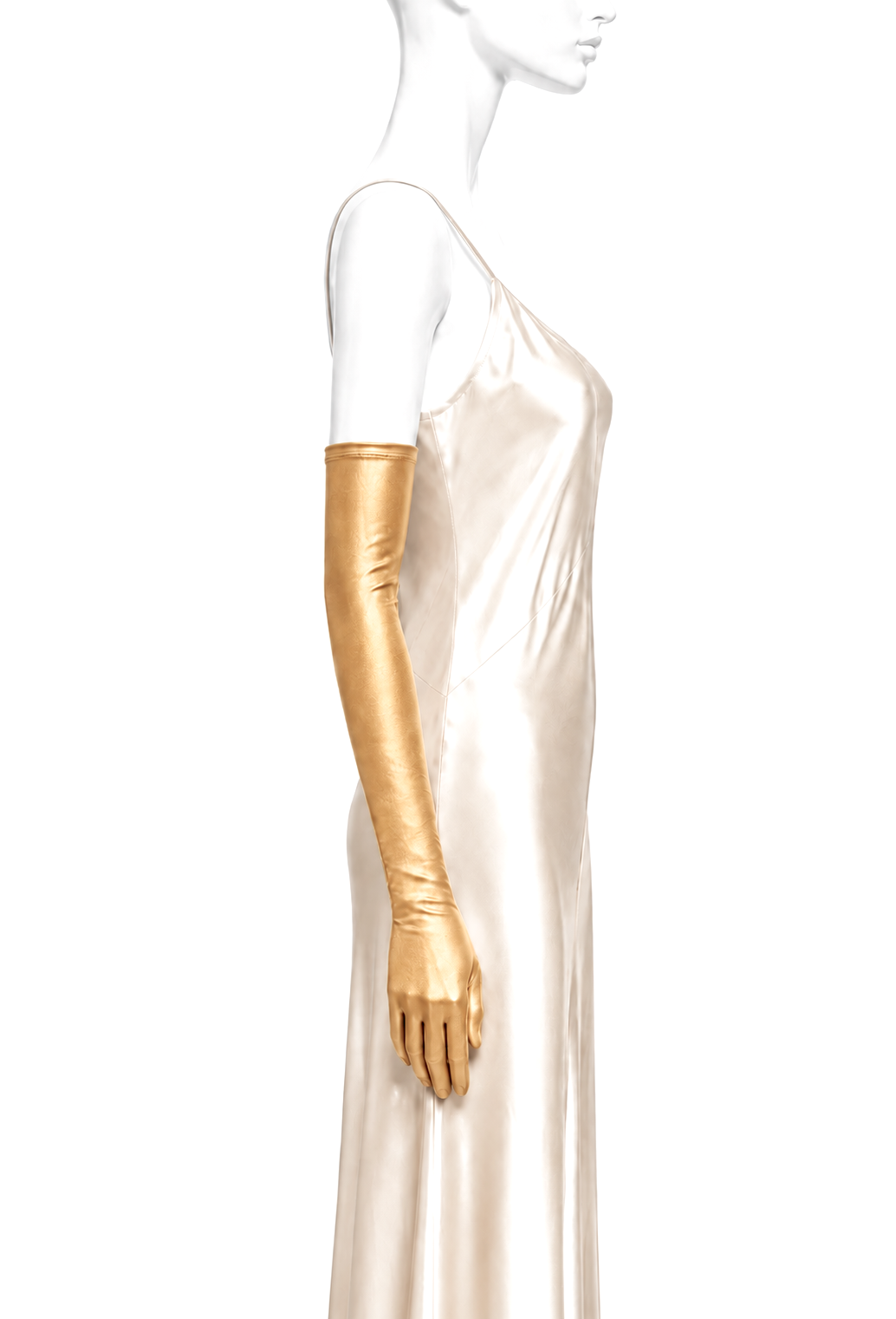 Metallic gold satin opera glove, long elbow-length fit with smooth finish