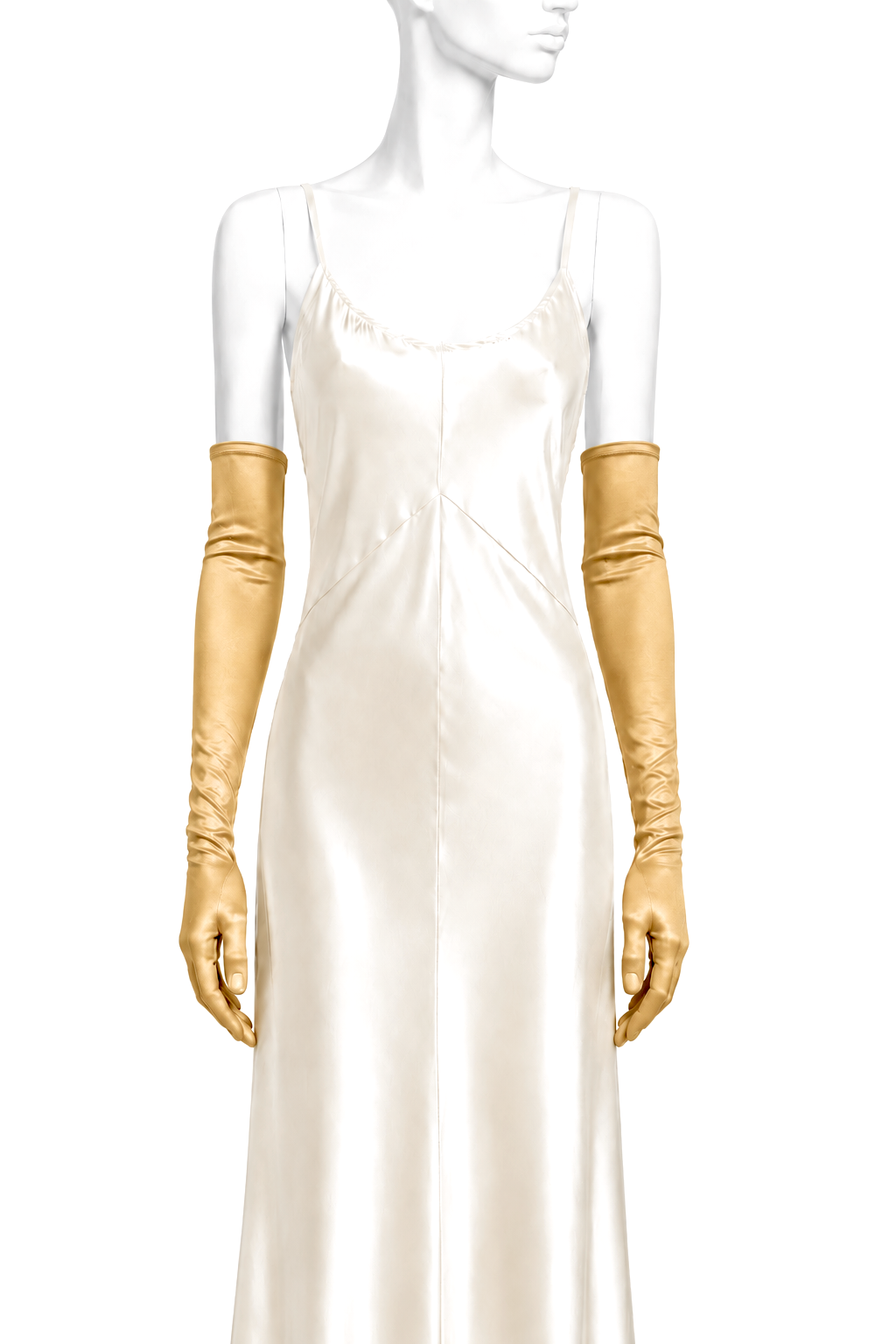 Pair of gold satin opera gloves with ruched cuffs, worn on model hands