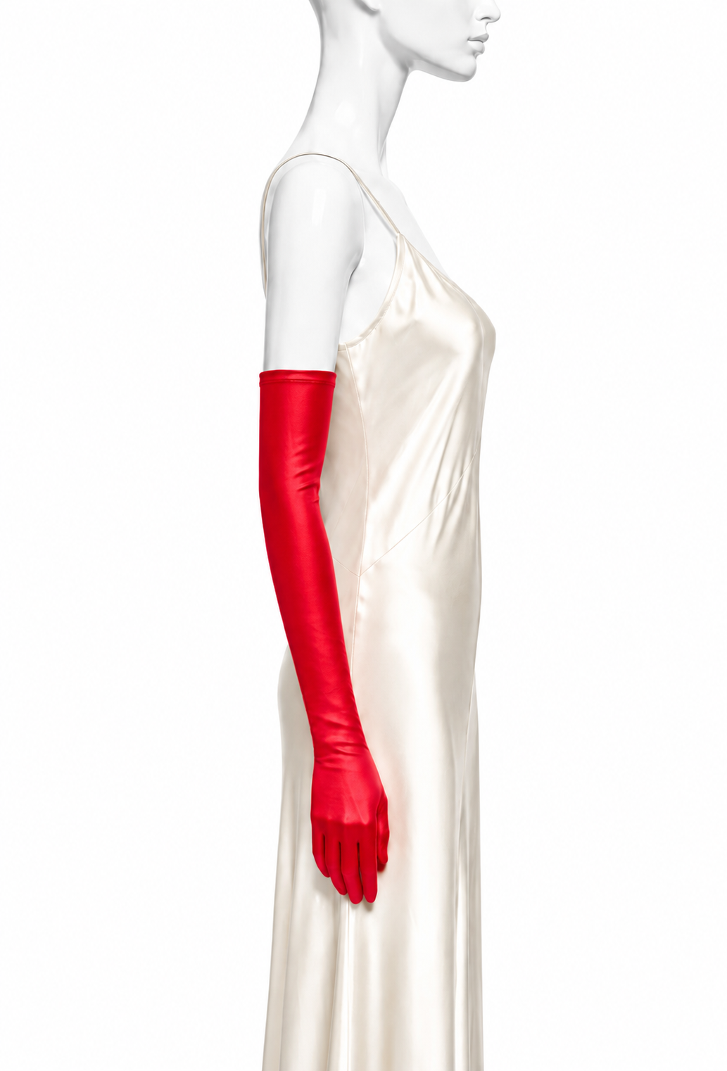 Red satin opera glove with fitted long sleeve and fingered hand, glossy finish