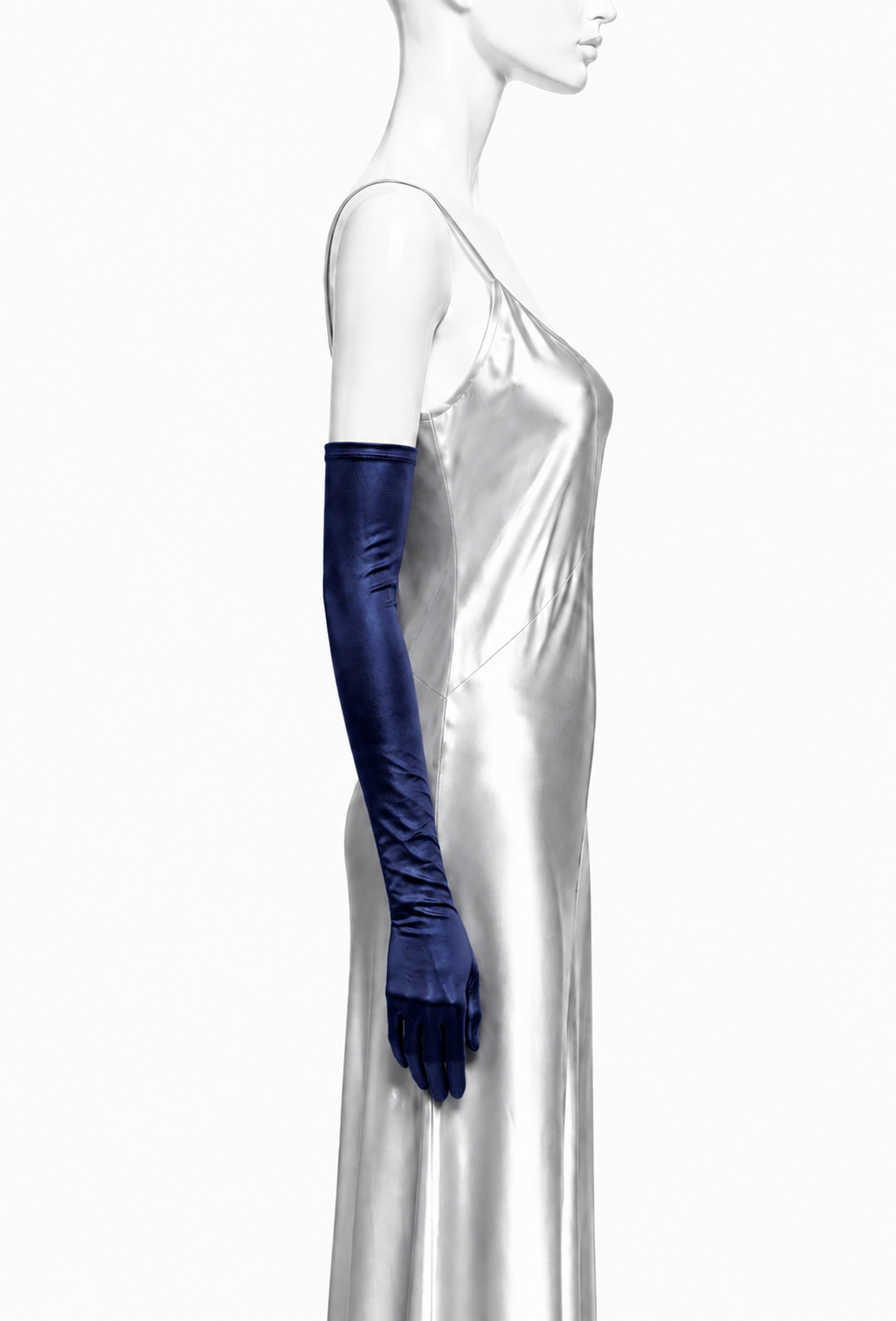 Midnight Bleu satin opera glove, long fitted design on mannequin arm