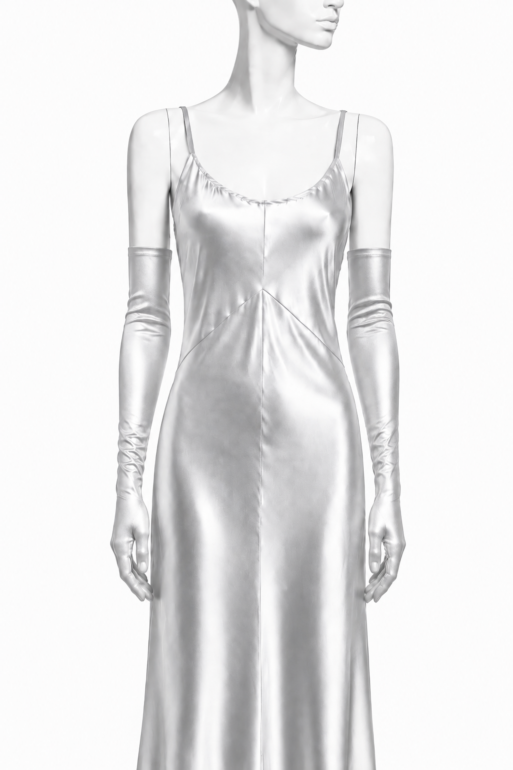 Platinum satin opera gloves, long smooth fit with gathered wrist seam