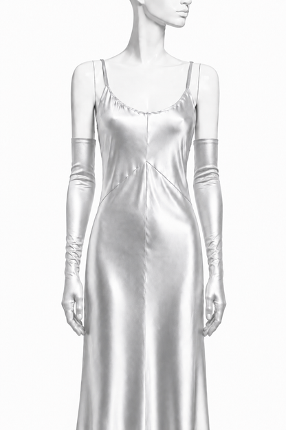 Platinum satin opera gloves, long smooth fit with gathered wrist seam